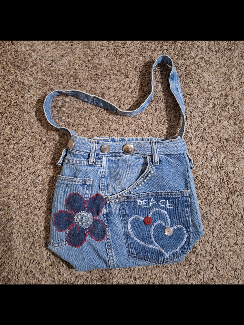 Handmade Upcycled Denim Jean Crossbody Shoulder Bag Floral Hearts Pearls